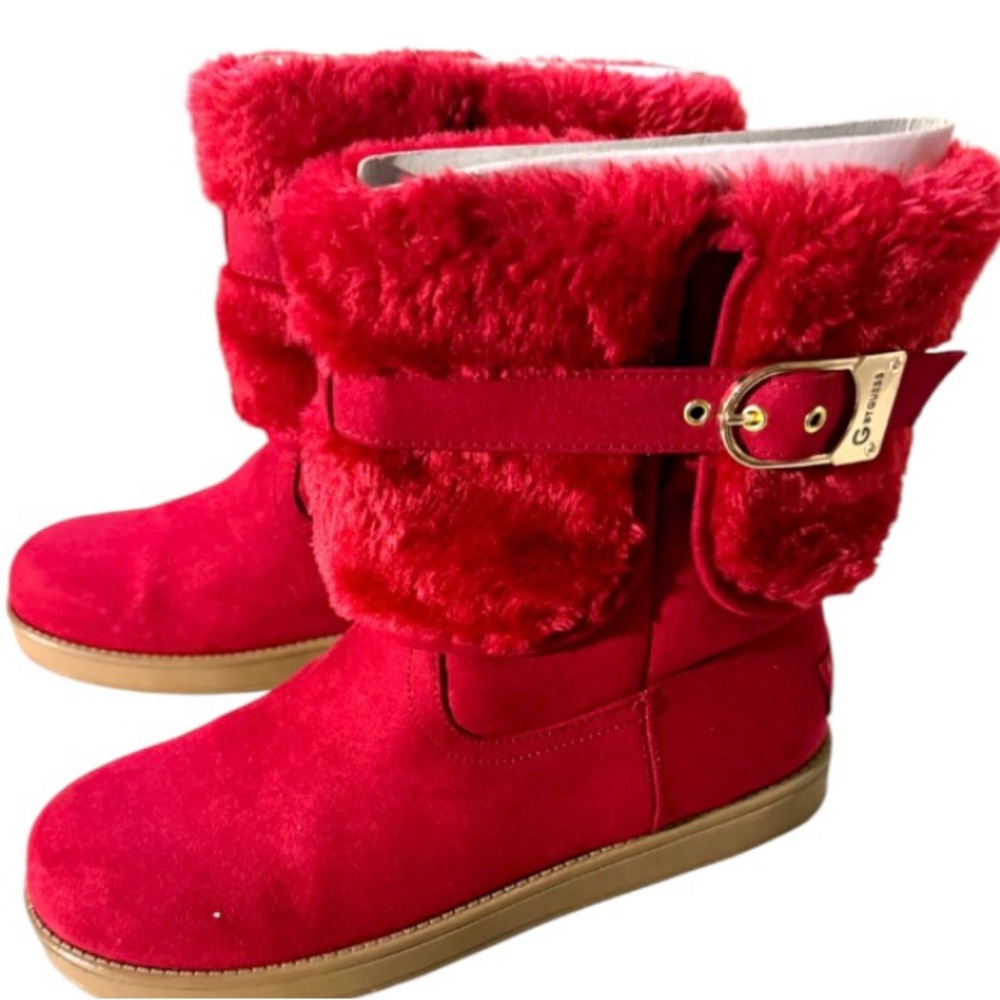 G by Guess Red Fur Ankle Boots